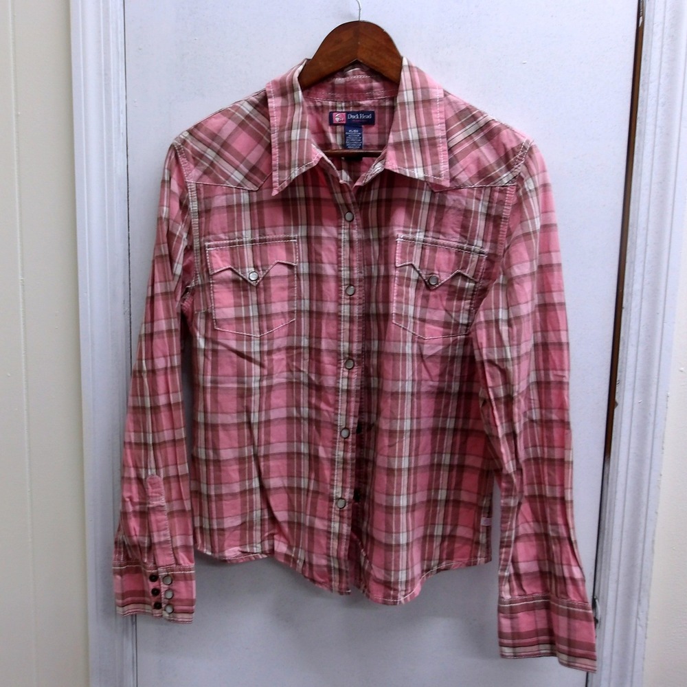 Duck Head Plaid‎ Western Shirt Pink Brown Snap Front Women's XL / #1294 - Picture 2 of 5